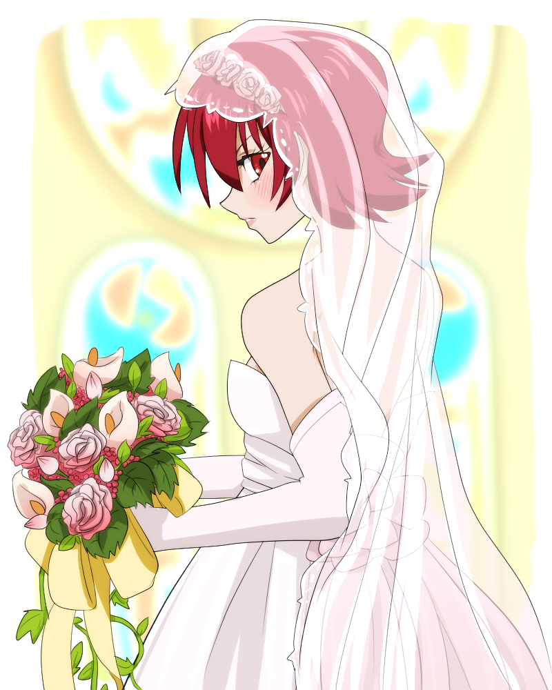 1girl bare_shoulders blush breasts dress elbow_gloves flower gloves iria_animi lips red_eyes red_hair short_hair tales_of_(series) tales_of_innocence veil wedding_dress