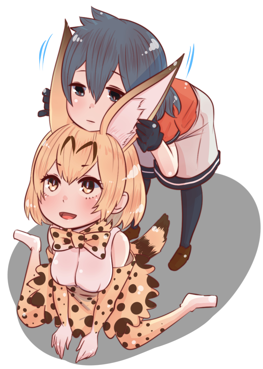 :d animal_ears black_eyes black_gloves black_hair black_legwear blonde_hair bow bowtie ear_fondling elbow_gloves extra_ears gloves head_on_head highres kaban_(kemono_friends) kemono_friends leaning_forward multiple_girls open_mouth print_gloves print_legwear print_neckwear print_skirt serval_(kemono_friends) serval_ears serval_print serval_tail shirt shitaranana short_hair shorts simple_background sitting skirt sleeveless sleeveless_shirt smile tail wariza white_background