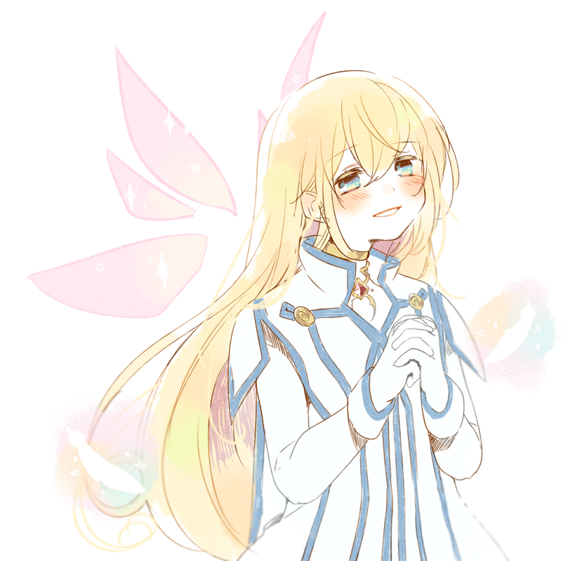 1girl blonde_hair blue_eyes blush capelet collet_brunel dress gloves jewelry long_hair open_mouth tales_of_(series) tales_of_symphonia wings