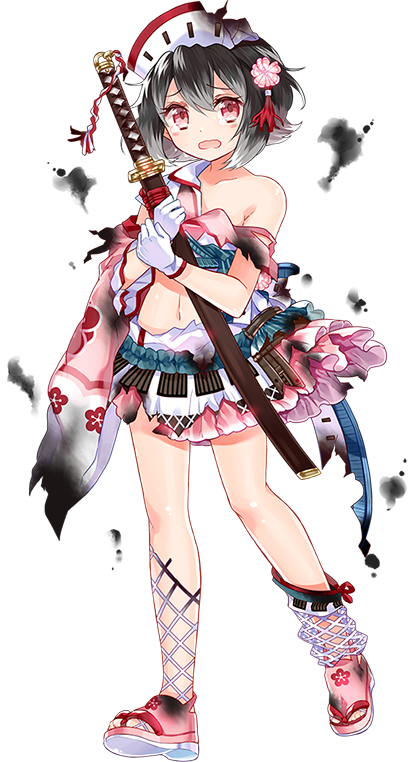 baba_(oshiro_project) black_hair flower full_body gloves hair_flower hair_ornament hat official_art oshiro_project oshiro_project_re red_eyes ririkuto short_hair solo sword torn_clothes transparent_background weapon white_gloves