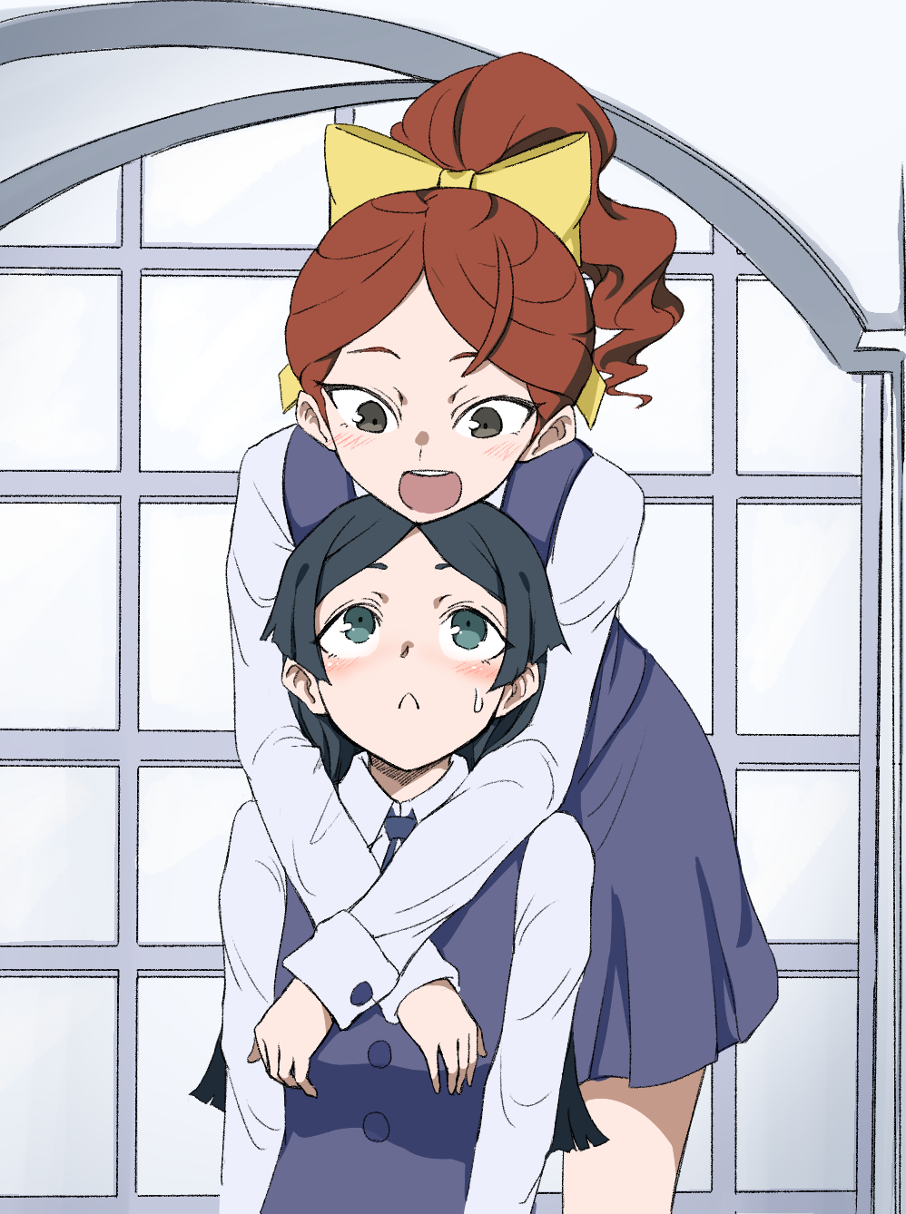:&lt; :d bangs barbara_parker black_eyes blue_eyes blue_hair blush bow breast_grab commentary_request grabbing hair_bow hanna_england highres hug hug_from_behind indoors little_witch_academia long_hair long_sleeves looking_at_another luna_nova_school_uniform multiple_girls open_mouth orinpachu parted_bangs ponytail red_hair school_uniform skirt smile sweatdrop window yellow_bow yuri