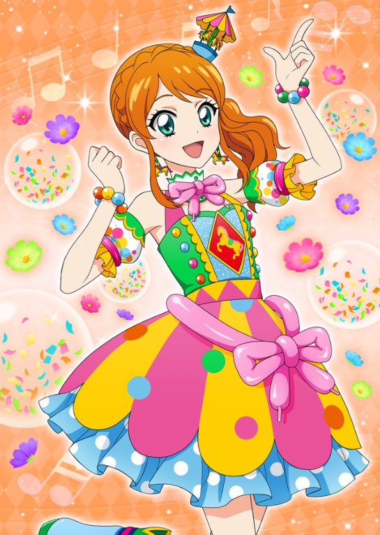 aikatsu! aikatsu!_(series) aikatsu!_photo_on_stage!! beads beamed_eighth_notes beamed_sixteenth_notes braid carousel confetti dress earrings eighth_note eyebrows_visible_through_hair flower french_braid frills green_eyes hair_ornament jewelry musical_note orange_background orange_hair ponytail quarter_note ribbon smile solo tachibana_michelle