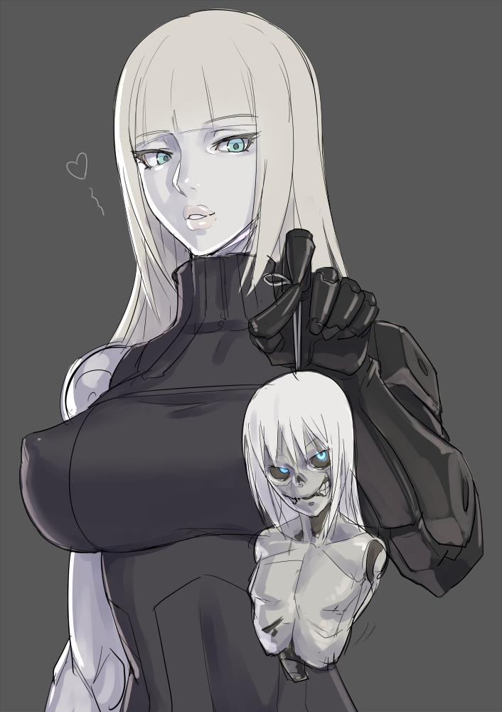 blame! blonde_hair blue_eyes breasts cibo commentary_request covered_nipples cyborg grey_background heart holding large_breasts lips long_hair looking_at_another mikoyan parted_lips teeth upper_body