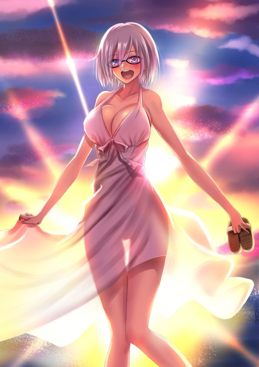 blush breasts cleavage dress fate/grand_order fate_(series) glasses hair_over_one_eye highres large_breasts mash_kyrielight open_mouth purple_eyes purple_hair see-through_silhouette shoes_removed short_hair silhouette smile solo sunlight takecha white_dress