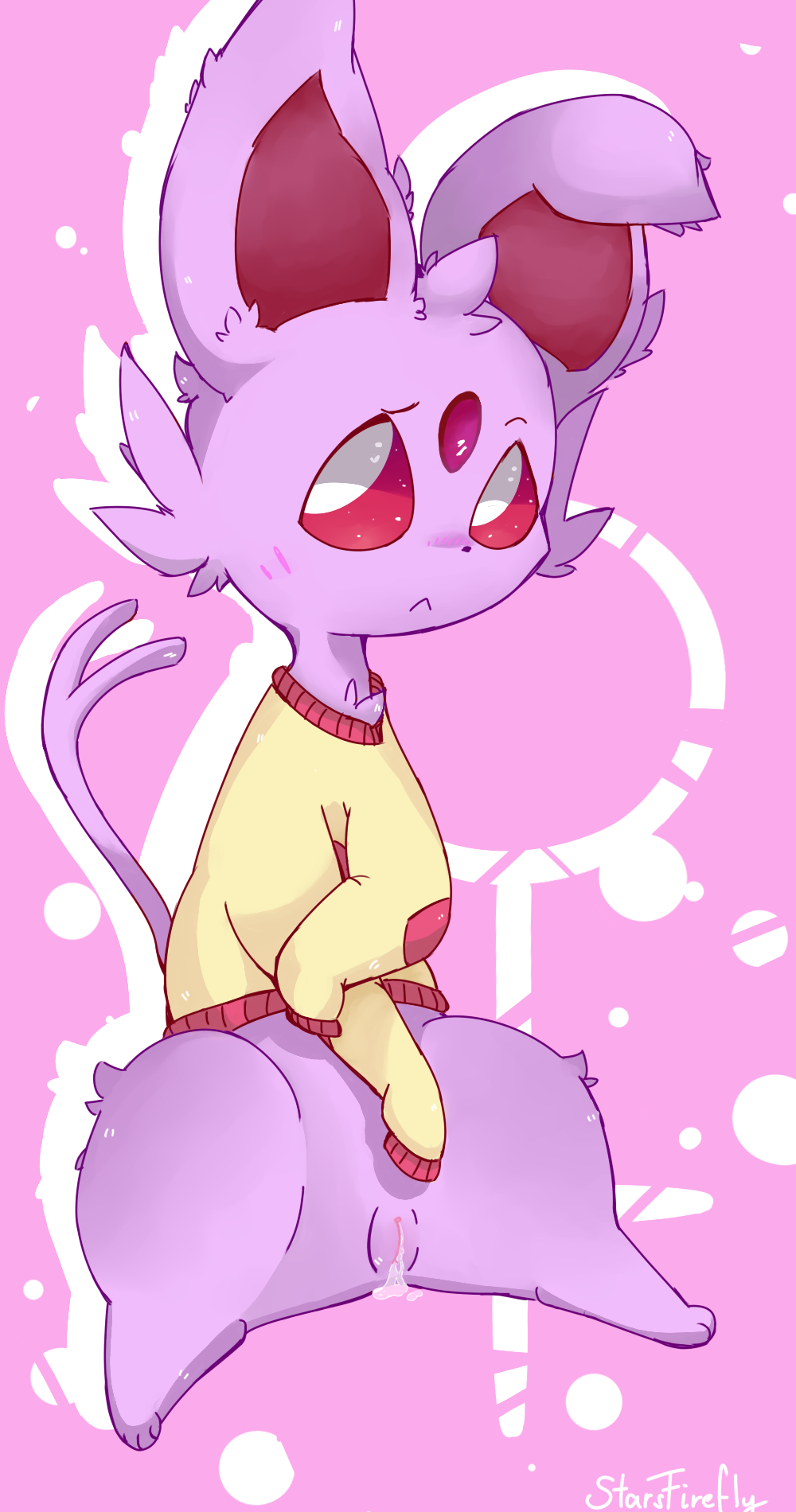 &lt;3 2017 blush bottomless clothed clothing cute digital_media_(artwork) eeveelution espeon female feral fur looking_away nintendo pink_eyes pok&eacute;mon pussy pussy_juice shy solo starsfirefly video_games