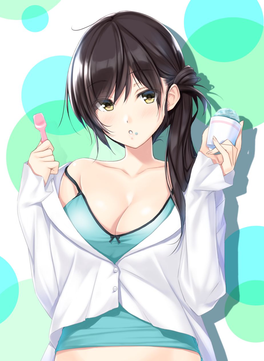 black_hair breasts cleavage collarbone cup eyebrows_visible_through_hair highres holding holding_cup holding_spoon large_breasts long_hair looking_at_viewer nayuta69 original parted_lips ponytail solo spoon upper_body yellow_eyes