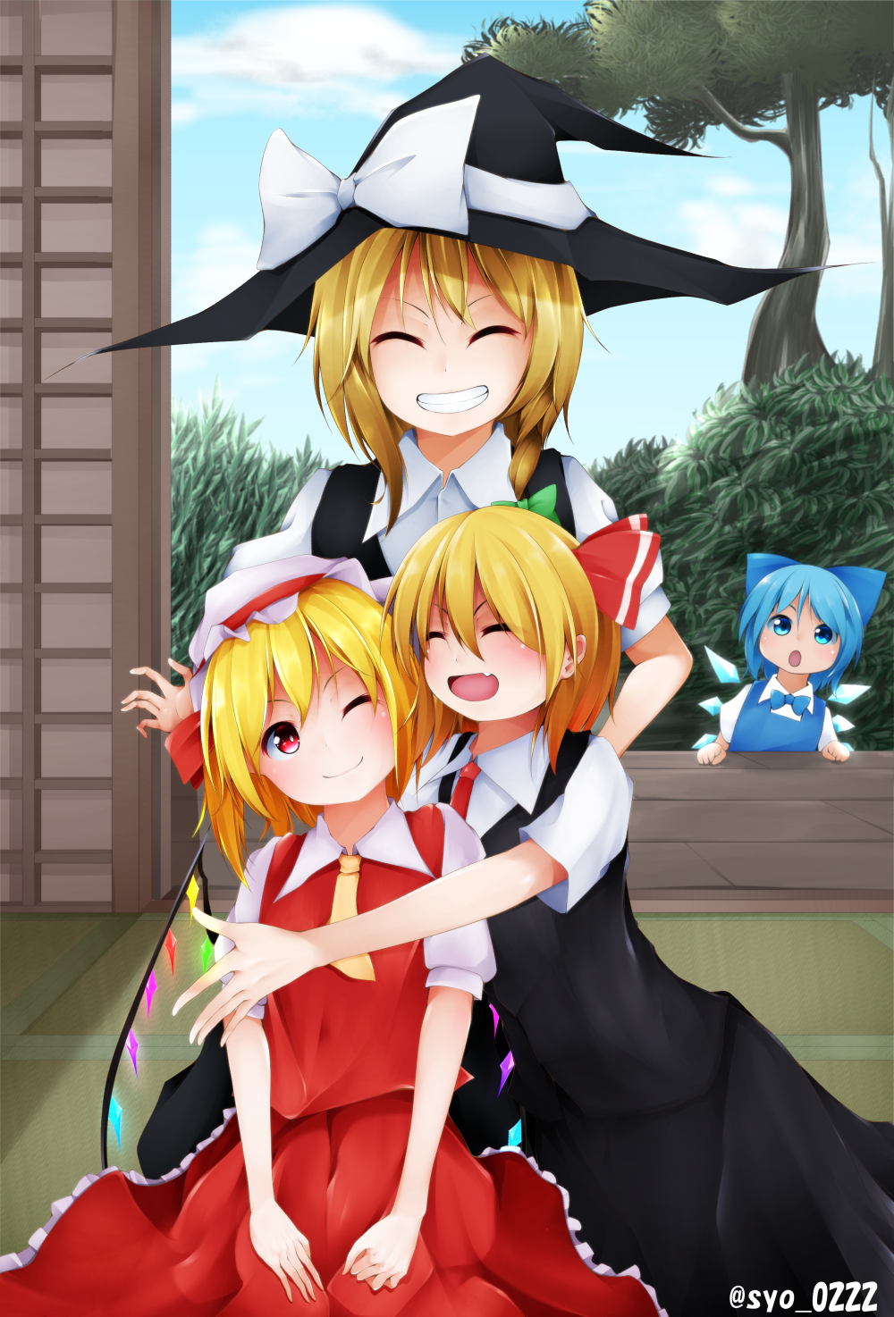&gt;:) :d :o ;) ^_^ ascot blonde_hair blue_eyes blue_hair blush bow bowtie cirno closed_eyes collared_shirt commentary dress fang flandre_scarlet grin hair_ribbon hakurei_shrine hat highres hug hug_from_behind ice ice_wings kirisame_marisa mob_cap multiple_girls one_eye_closed open_mouth red_eyes ribbon rumia shirt short_hair shou_(ahiru_shinobu) smile teeth touhou trait_connection tree v-shaped_eyebrows vest wings witch_hat