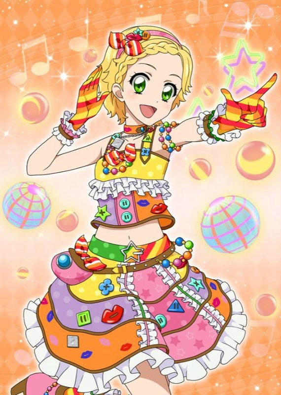 aikatsu! aikatsu!_(series) aikatsu!_photo_on_stage!! beads beamed_eighth_notes beamed_sixteenth_notes belt blonde_hair blush bow braid eighth_note french_braid frills gloves green_eyes jewelry musical_note navel necklace orange_background pointing pointing_at_viewer quarter_note shinjou_hinaki short_hair sleeveless smile star star_print