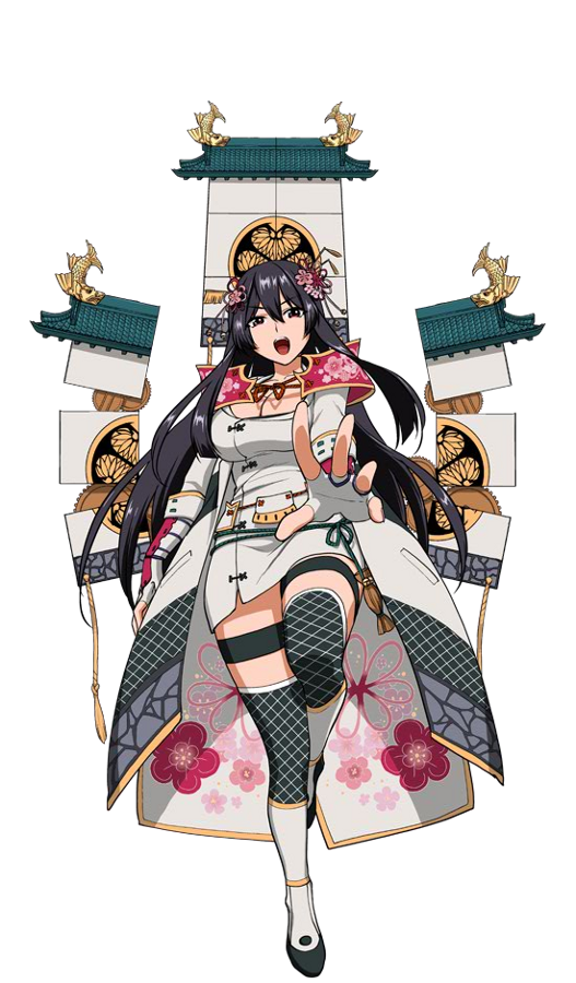 :d artist_request black_hair breasts cape cleavage full_body hair_ornament hands_together high_heels large_breasts long_hair looking_at_viewer mito_(oshiro_project) open_mouth oshiro_project oshiro_project_re outstretched_hand pencil_skirt shachihoko skirt smile solo thighhighs transparent_background v-shaped_eyebrows very_long_hair
