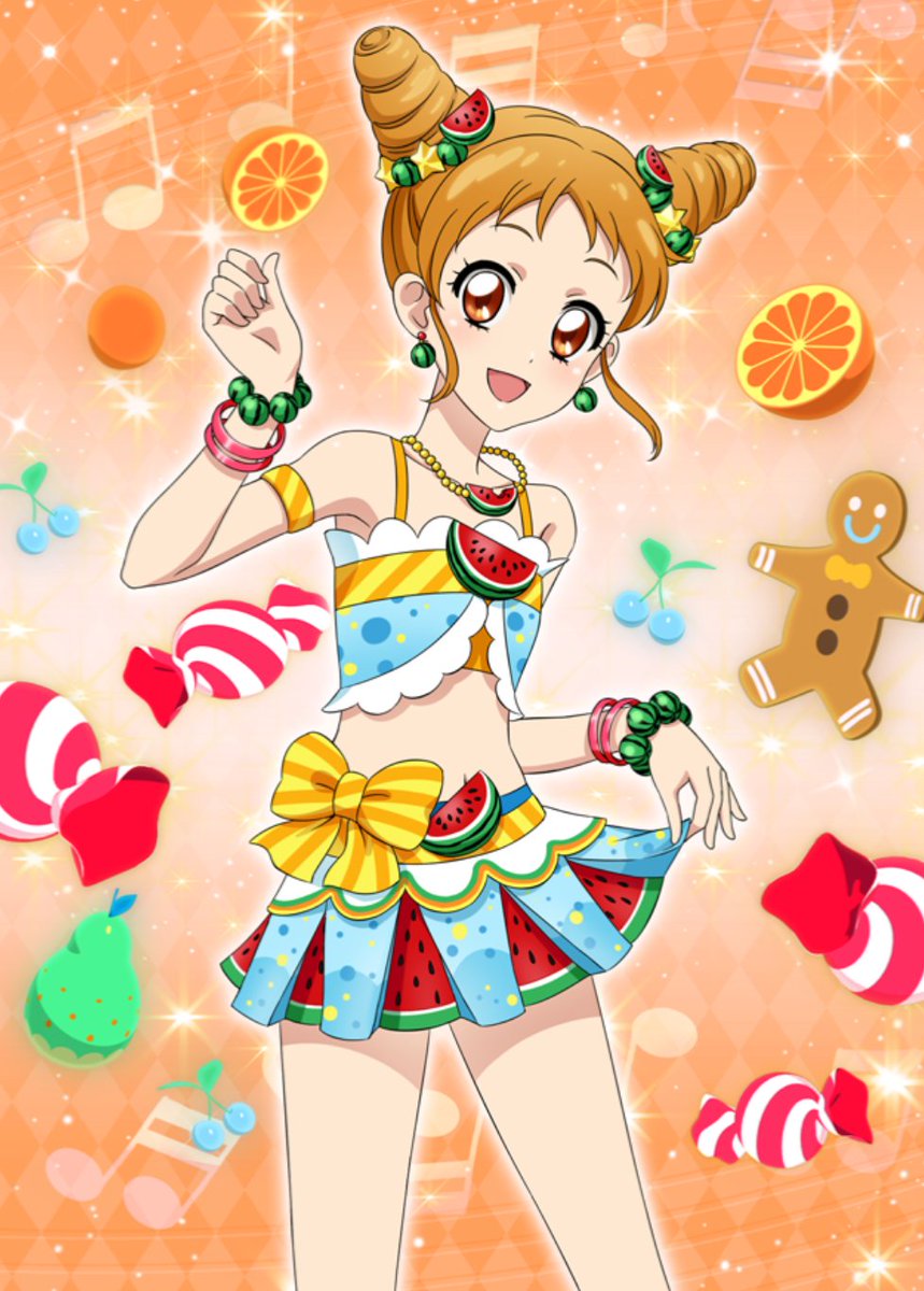 aikatsu! aikatsu!_(series) aikatsu!_photo_on_stage!! arisugawa_otome beads beamed_eighth_notes beamed_sixteenth_notes bow bracelet candy cherry double_bun earrings eighth_note food food_themed_hair_ornament fruit gingerbread_cookie gingerbread_man hair_ornament highres jewelry musical_note necklace orange orange_background orange_hair pear quarter_note skirt skirt_hold sleeveless solo star star_hair_ornament watermelon watermelon_hair_ornament
