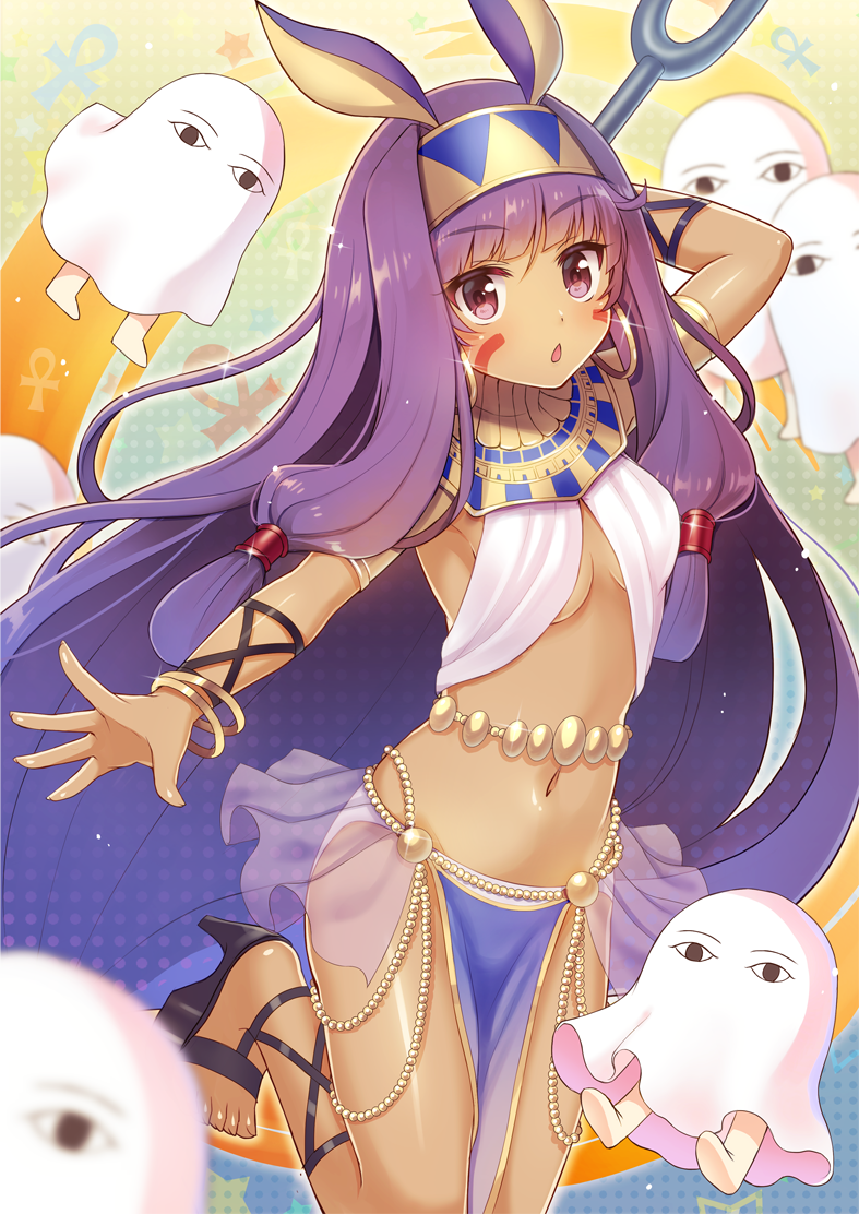 ankh bangs blunt_bangs breasts commentary_request dark_skin earrings egyptian egyptian_clothes eyebrows_visible_through_hair facial_mark fate/grand_order fate_(series) glint hairband hoop_earrings jewelry long_hair looking_at_viewer md5_mismatch medium_breasts medjed navel nitocris_(fate/grand_order) pelvic_curtain purple_eyes purple_hair revealing_clothes see-through serino_itsuki sidelocks solo very_long_hair
