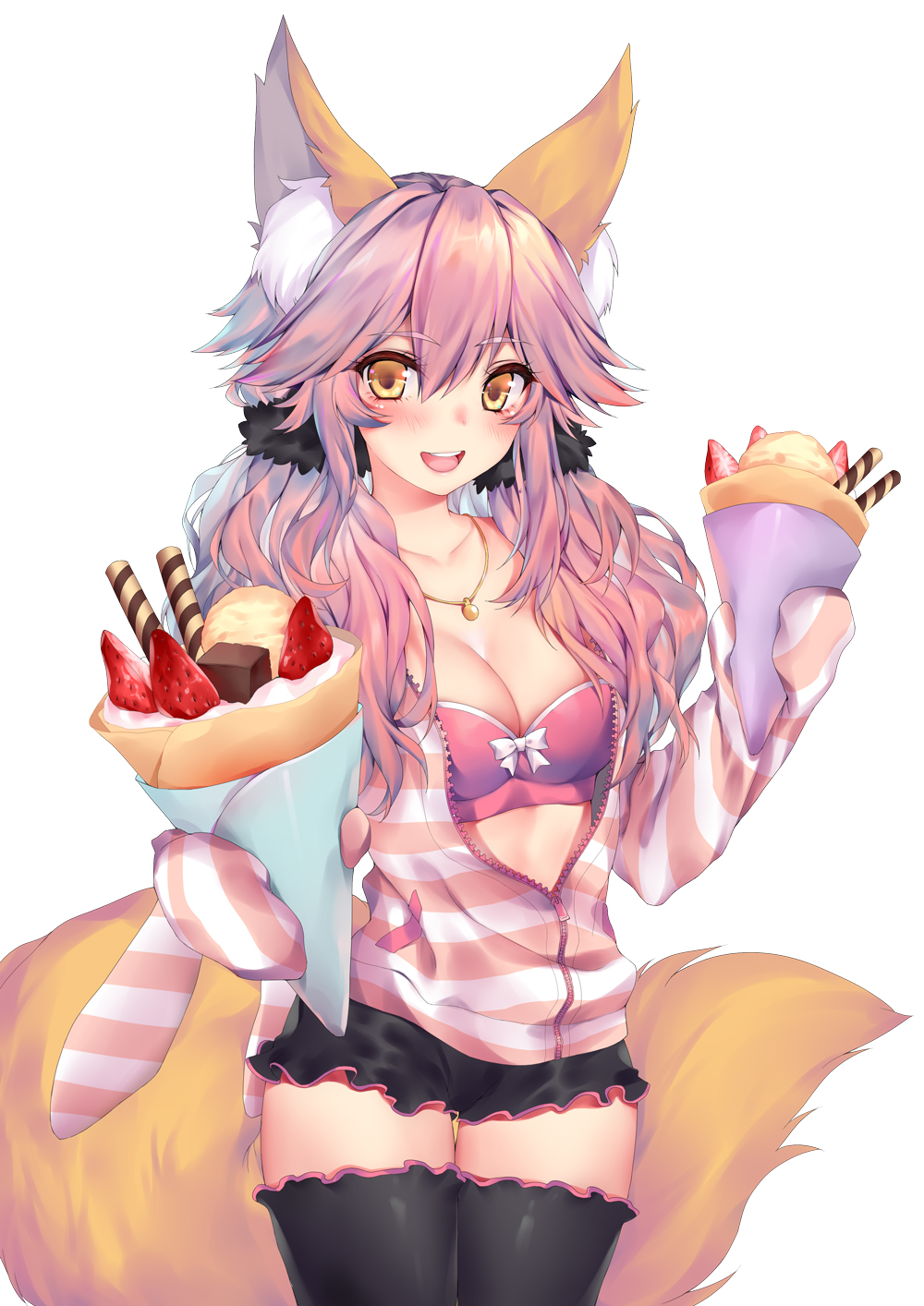 animal_ears bangs black_legwear black_shorts blush bra breasts chocolate cleavage collarbone cowboy_shot crepe day eyebrows_visible_through_hair fate/extra fate/extra_ccc fate_(series) food food_wrapper fox_ears fox_tail frills fruit hair_between_eyes hair_flaps highres ice_cream jacket jewelry large_breasts long_hair long_sleeves looking_at_viewer necklace obiwan open_clothes open_jacket open_mouth orange_eyes outdoors pink_hair pink_jacket short_shorts shorts simple_background solo strawberry striped striped_jacket tail tamamo_(fate)_(all) tamamo_no_mae_(fate) thighhighs thighs underwear wafer_stick white_background white_bra