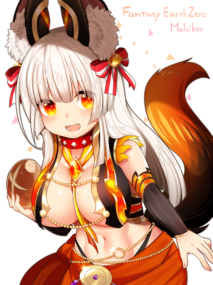animal_ear_fluff animal_ears bell bow breasts cleavage collar fantasy_earth_zero fox_ears fox_tail hair_bow large_breasts long_hair looking_at_viewer mofuaki navel red_bow red_eyes solo tail white_hair