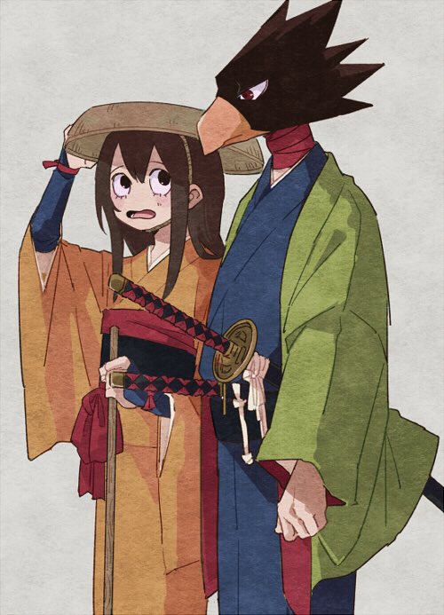 1girl alternate_costume animal_head asui_tsuyu bird black_eyes black_hair blush boku_no_hero_academia hat japanese_clothes kimono long_hair long_sleeves looking_at_another red_eyes sandogasa sword tokoyami_fumikage weapon wide_sleeves z8koo