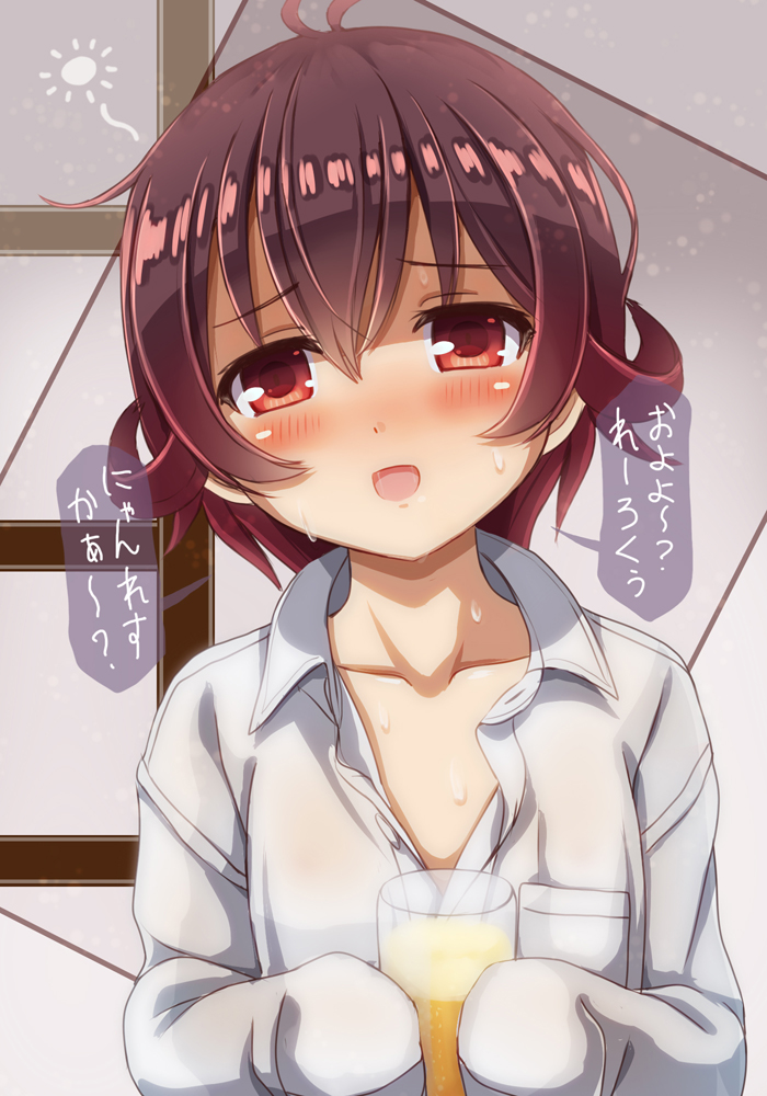 alcohol beer beer_mug blush brown_eyes brown_hair collarbone commentary_request cup drunk hair_between_eyes holding holding_cup kantai_collection mutsuki_(kantai_collection) ootori_(kyoya-ohtori) open_mouth shirt short_hair sleeves_past_wrists smile solo speech_bubble translation_request white_shirt