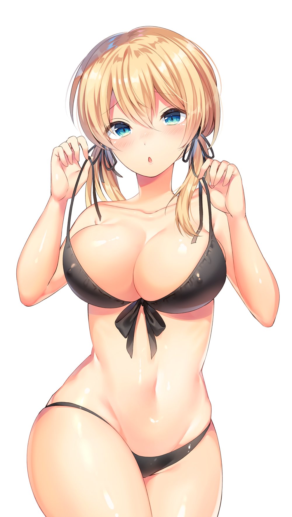 anchor_hair_ornament bikini black_bikini blonde_hair blue_eyes blush breasts collarbone covered_nipples cowboy_shot eyebrows_visible_through_hair hair_between_eyes hair_ornament highres kantai_collection large_breasts long_hair looking_at_viewer navel ntk_(7t5) parted_lips prinz_eugen_(kantai_collection) simple_background skindentation solo strap_pull swimsuit thighs twintails white_background