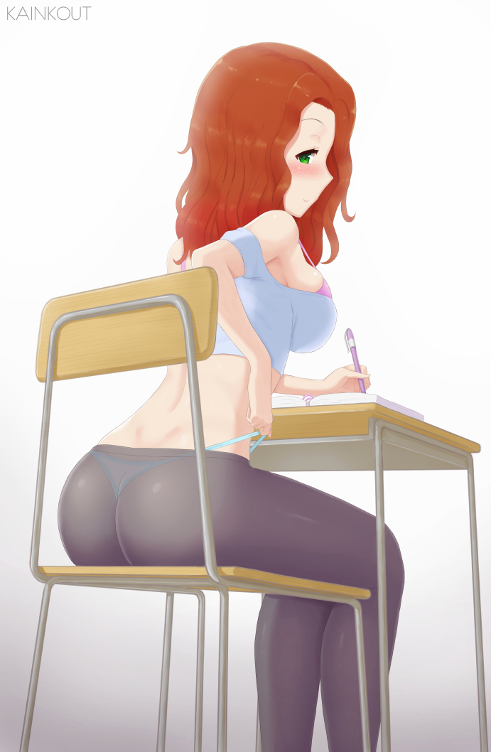 1girl ass bare_shoulders blush bra breasts chair come_hither desk dimples_of_venus green_eyes kainkout large_breasts long_hair looking_at_viewer original pantyhose red_hair shiny shiny_hair shiny_skin sideboob sitting smile solo thong
