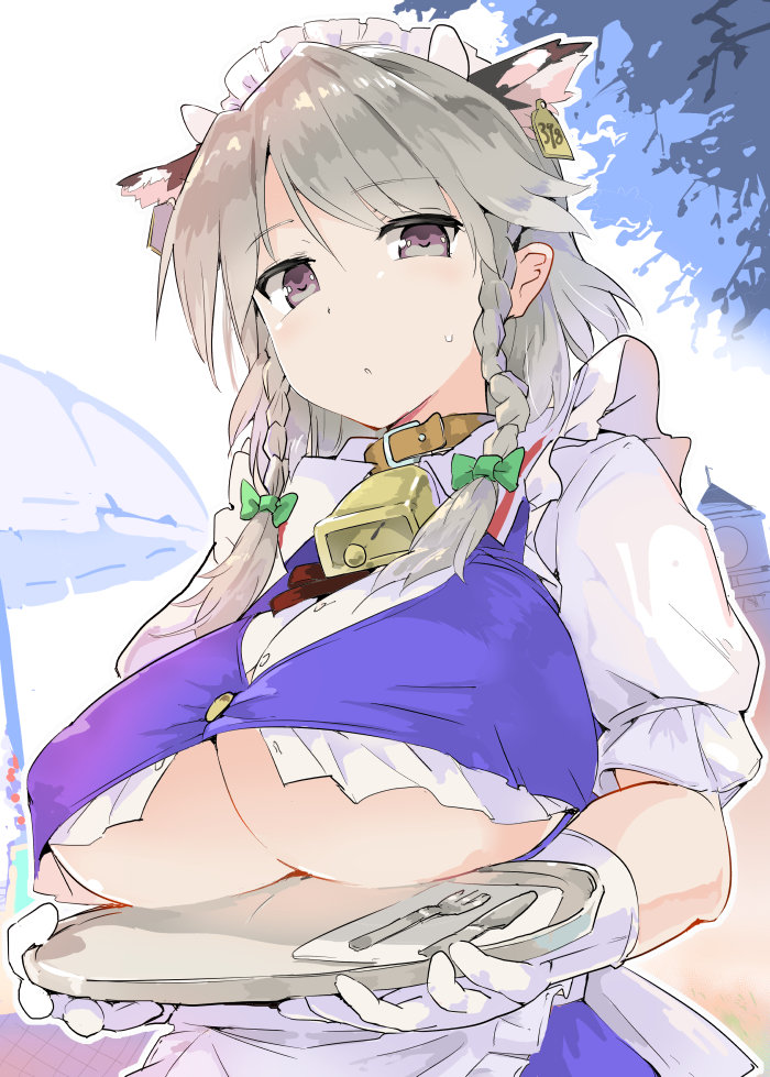 animal_ears bell bell_collar bow braid breasts brown_collar collar commentary_request cow_ears crop_top fork gloves green_bow grey_eyes grey_hair hair_bow izayoi_sakuya knife large_breasts looking_at_viewer maid_headdress puuakachan scarlet_devil_mansion short_sleeves solo sweatdrop touhou tray twin_braids underboob upper_body white_gloves