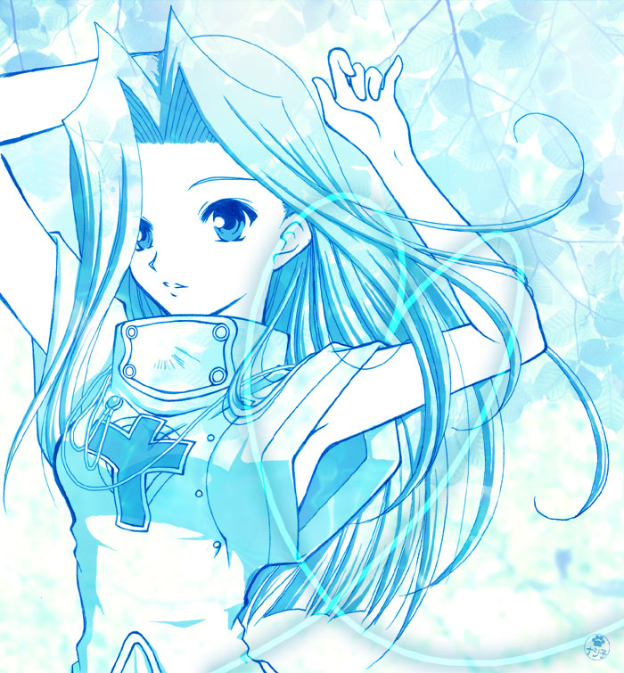 1girl blue breasts dress long_hair mint_adenade monocrhome open_mouth tales_of_(series) tales_of_phantasia