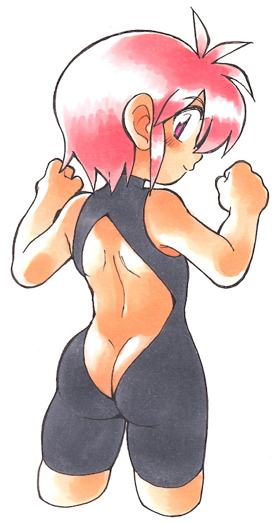 1girl arms_up artist_request ass bare_back black_swimsuit blush butt_crack character_request copyright_request looking_at_viewer looking_back one-piece_swimsuit pink_eyes pink_hair short_hair simple_background smile solo swimsuit traditional_media white_background