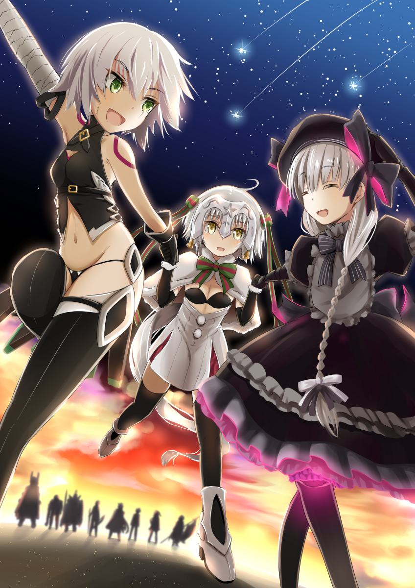 4girls :d ^_^ ^o^ ahoge annotation_request arm_belt arm_up bandaged_arm bandages bangs banner bare_shoulders bell belt_buckle black_bow black_bra black_dress black_gloves black_hat black_legwear black_neckwear black_panties boots bow bowtie bra braid breasts buckle capelet character_request cleavage cloak closed_eyes cloud cloudy_sky commentary_request doll_joints dress elbow_gloves eyebrows_visible_through_hair facial_scar fate/apocrypha fate/extra fate/grand_order fate_(series) frilled_dress frills fur-trimmed_capelet fur_trim gloves glowing gothic_lolita green_bow green_eyes green_neckwear green_ribbon grey_bow groin hair_between_eyes hair_bow hair_over_shoulder hair_ribbon halter_top halterneck hat hat_bow headpiece helmet highres holding holding_hands holding_weapon jack_the_ripper_(fate/apocrypha) jeanne_d'arc_(fate) jeanne_d'arc_(fate)_(all) jeanne_d'arc_alter_santa_lily leg_up leonidas_(fate/grand_order) lineup lolita_fashion long_hair looking_at_another looking_back lowleg lowleg_panties merlin_(fate) multicolored multicolored_bow multicolored_ribbon multiple_boys multiple_girls navel nursery_rhyme_(fate/extra) open_mouth orange_sky outdoors outstretched_arm panikuru_yuuto panties polearm pom_pom_(clothes) puffy_short_sleeves puffy_sleeves purple_bow ribbon robe running scabbard scar scar_across_eye scar_on_cheek sheath shiny shiny_hair shirt shooting_star short_dress short_hair short_sleeves silhouette silver_hair single_braid sky sleeveless sleeveless_shirt small_breasts smile spear standing star_(sky) starry_sky striped striped_bow striped_neckwear striped_ribbon sunset tattoo thighhighs underwear very_long_hair weapon white_capelet white_dress white_footwear yellow_eyes