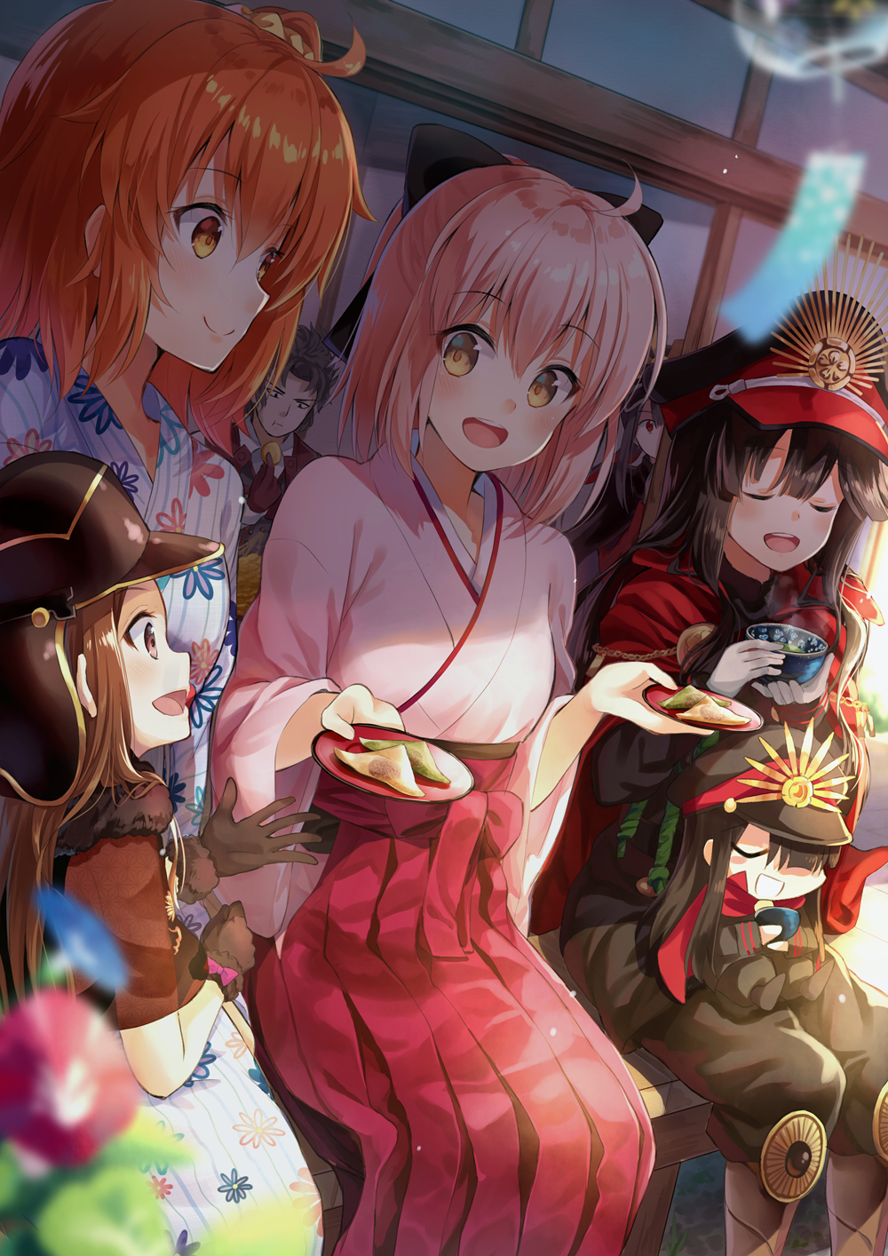 5girls :d ahoge aunt_and_niece black_bow black_gloves black_hair blurry blush bow bowl brother_and_sister brown_eyes brown_hair chacha_(fate/grand_order) chibi closed_eyes cup depth_of_field eating eyebrows_visible_through_hair fate/grand_order fate_(series) floral_print flower food fujimaru_ritsuka_(female) fur_trim gloves green_tea hair_bow hat helmet highres hijikata_toshizou_(fate/grand_order) holding holding_bowl holding_cup holding_plate japanese_clothes kimono koha-ace long_hair looking_at_another looking_away morning_glory multiple_boys multiple_girls nonono oda_nobukatsu_(fate/grand_order) oda_nobunaga_(fate) okita_souji_(fate) okita_souji_(fate)_(all) on_lap open_mouth orange_eyes orange_hair pants peaked_cap peeking pink_hair plate round_teeth short_hair siblings side_ponytail sitting smile tea teacup teeth uncle_and_niece wide_sleeves wind_chime