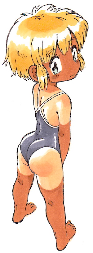 1girl artist_request ass barefoot black_swimsuit blonde_hair character_request copyright_request feet full_body looking_at_viewer looking_back looking_up no_shoes one-piece_swimsuit short_hair simple_background solo standing swimsuit toes traditional_media white_background