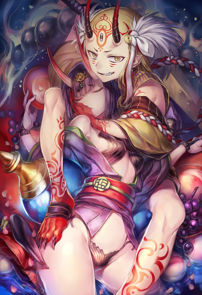 alcohol bangs bare_shoulders blonde_hair blunt_bangs bob_cut breasts claws clenched_teeth closed_eyes commentary_request cup eyebrows_visible_through_hair facial_mark fate/grand_order fate_(series) food fruit grapes hand_on_another's_cheek hand_on_another's_face horns ibaraki_douji_(fate/grand_order) japanese_clothes kimono long_hair looking_at_viewer multiple_girls oni oni_horns open_clothes open_kimono petals purple_hair sakazuki sake short_hair shuten_douji_(fate/grand_order) small_breasts smile tattoo teeth vivivivi yellow_eyes yellow_kimono