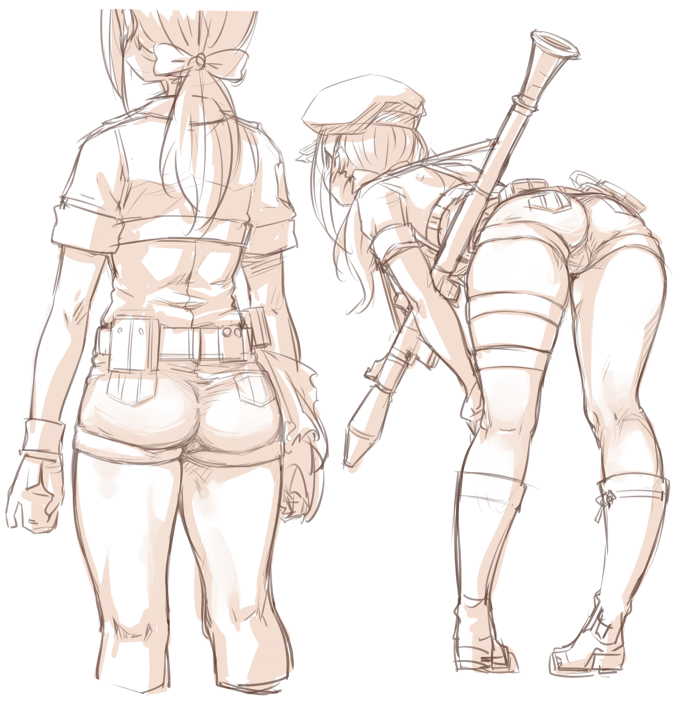 7010 ass back bent_over beret boots bow gloves hair_bow hand_on_own_knee hat holster idolmaster idolmaster_cinderella_girls jacket long_hair monochrome ponytail ribbon rocket_launcher rpg rpg-7 short_shorts short_sleeves shorts thigh_holster thighs weapon white_background yamato_aki