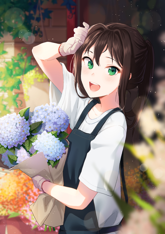 :d apron arm_up bad_id bad_pixiv_id bangs blurry blush brown_hair day depth_of_field flower from_side furururu gloves green_panties hand_on_own_head holding holding_flower idolmaster idolmaster_cinderella_girls light_particles long_hair looking_at_viewer open_mouth outdoors panties ponytail round_teeth shibuya_rin shirt sidelocks smile solo teeth underwear upper_teeth white_gloves white_shirt