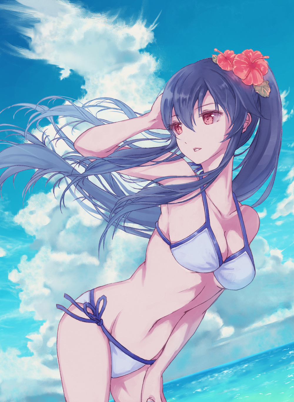 arm_up bangs bikini blue_hair blue_sky breasts cleavage cloud cloudy_sky collarbone commentary_request cowboy_shot day dutch_angle flower hair_flower hair_ornament hand_behind_head hibiscus highres kantai_collection leaning_forward long_hair looking_away medium_breasts nagidango navel ocean outdoors parted_lips pink_eyes ponytail revision side-tie_bikini sidelocks sky solo standing swimsuit teeth white_bikini wind yahagi_(kantai_collection)