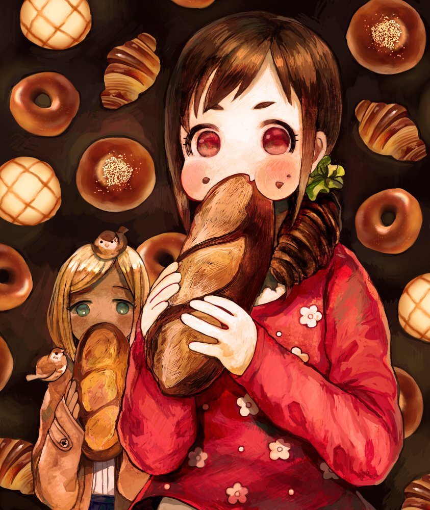 animal animal_on_head animal_on_shoulder aqua_eyes bagel bangs bird bird_on_head bird_on_shoulder blonde_hair bread brown_background brown_coat brown_hair chinosuke_(o_j_o_p) coat commentary_request croissant dark_skin doughnut drill_hair eating floral_print food food_on_face green_scrunchie hair_over_shoulder holding holding_food idolmaster idolmaster_cinderella_girls layla_(idolmaster) long_sleeves looking_at_viewer melon_bread multiple_girls no_nose on_head oohara_michiru pastry puffy_cheeks red_eyes red_shirt scrunchie shirt sleeves_past_wrists swept_bangs upper_body