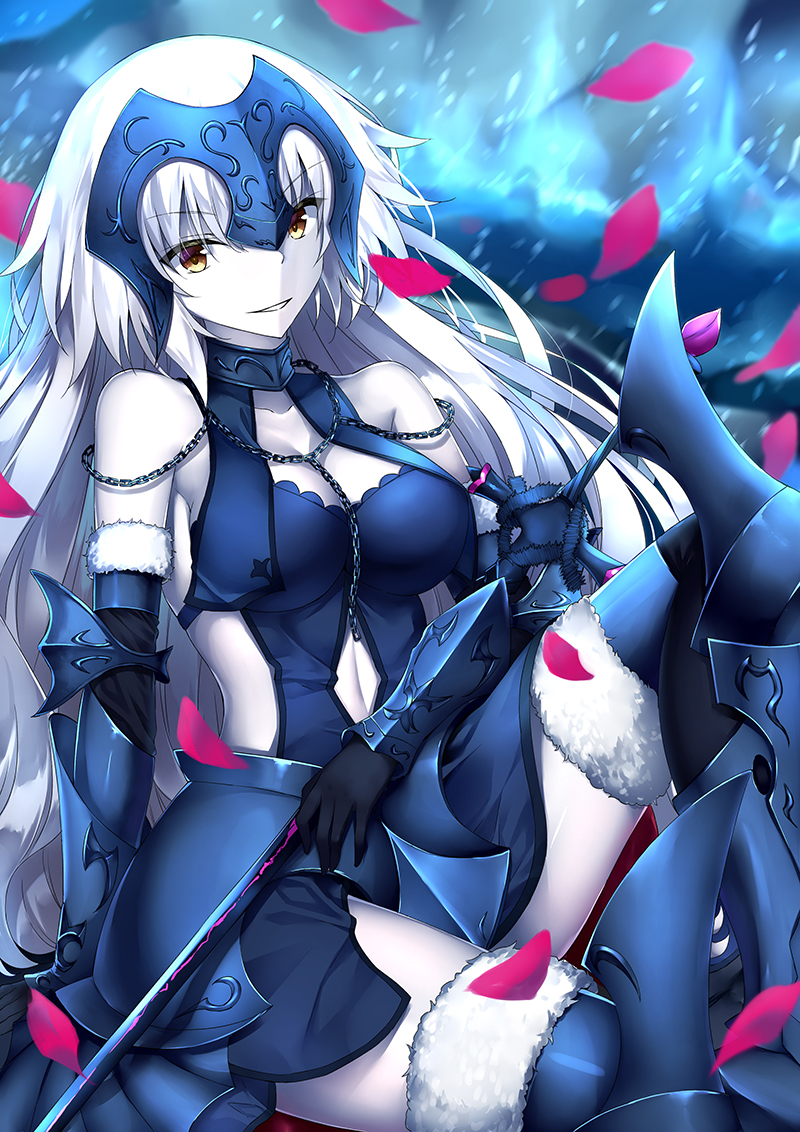 armor armored_dress bare_shoulders black_gloves breasts cleavage eyebrows_visible_through_hair fate/grand_order fate_(series) fur_trim gauntlets gloves headpiece jeanne_d'arc_(alter)_(fate) jeanne_d'arc_(fate)_(all) light_smile long_hair looking_at_viewer medium_breasts navel pale_skin petals rong_yi_tan solo staff white_hair yellow_eyes
