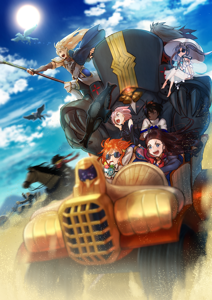 6+boys :d arjuna_(fate/grand_order) armor astolfo_(fate) billy_the_kid_(fate/grand_order) black_hair blonde_hair blue_eyes blue_sky blurry brown_hair cape car charles_babbage_(fate/grand_order) closed_eyes cloud cocktail cocktail_glass commentary_request cowboy_hat cup dark_skin day depth_of_field desert dress drinking drinking_glass drinking_straw fate/apocrypha fate/grand_order fate_(series) fionn_mac_cumhaill_(fate/grand_order) flying fujimaru_ritsuka_(female) galibo ground_vehicle hairband hat hippogriff holding holding_cup holding_shield holding_umbrella holding_weapon horse lance leonardo_da_vinci_(fate/grand_order) lolita_hairband long_hair mash_kyrielight mecha motion_blur motor_vehicle motorcycle multiple_boys multiple_girls open_mouth orange_hair outdoors outstretched_arm parasol pegasus pink_hair polearm purple_hair racing red_scarf rider riding sakata_kintoki_(fate/grand_order) sakata_kintoki_rider_(fate/grand_order) sand scarf see-through shield short_hair sitting sky smile stheno sun sunglasses teeth twintails umbrella v-shaped_eyebrows vlad_iii_(fate/extra) weapon wind