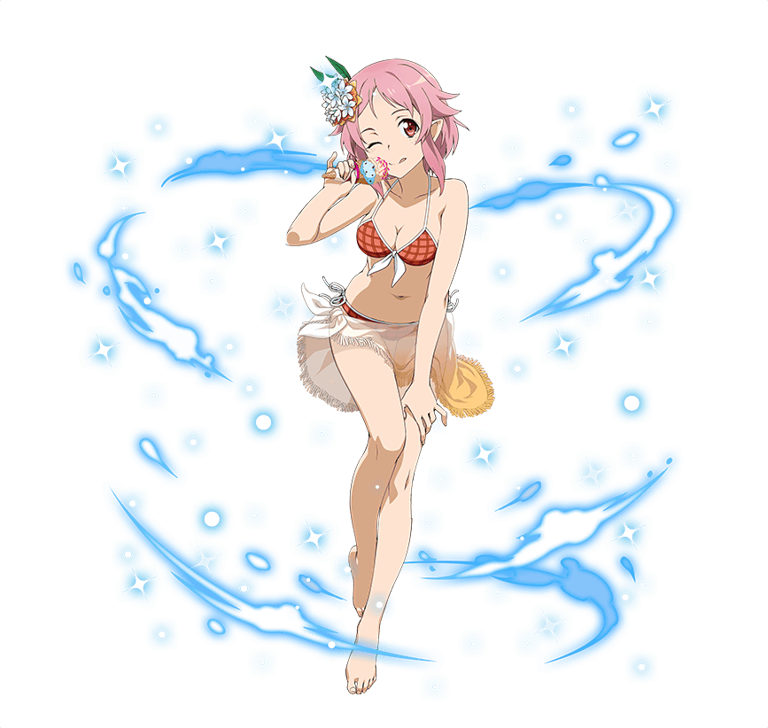 ;q barefoot bikini breasts cleavage collarbone flower food front-tie_top full_body hair_flower hair_ornament hand_on_own_knee holding holding_food ice_cream leaning_forward legs lisbeth lisbeth_(sao-alo) looking_at_viewer medium_breasts navel official_art one_eye_closed pink_hair red_bikini red_eyes sarong see-through short_hair side-tie_bikini solo standing swimsuit sword_art_online sword_art_online:_code_register thigh_gap tongue tongue_out transparent_background white_flower
