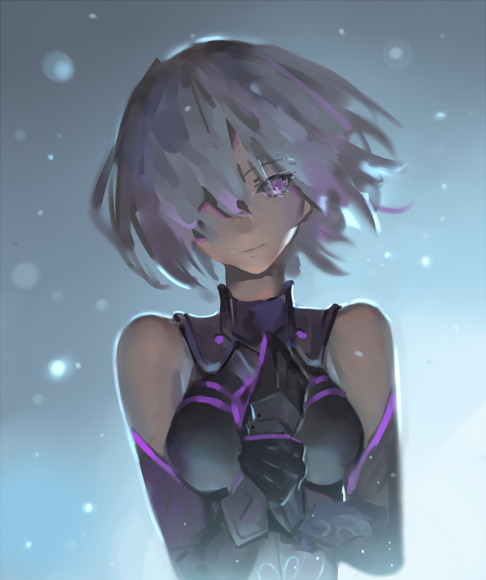 armor armored_dress black_gloves closed_mouth commentary_request elbow_gloves fate/grand_order fate_(series) gloves hair_over_one_eye hand_on_own_chest hei_tong_shi lavender_hair light_smile looking_at_viewer mash_kyrielight purple_eyes short_hair solo upper_body