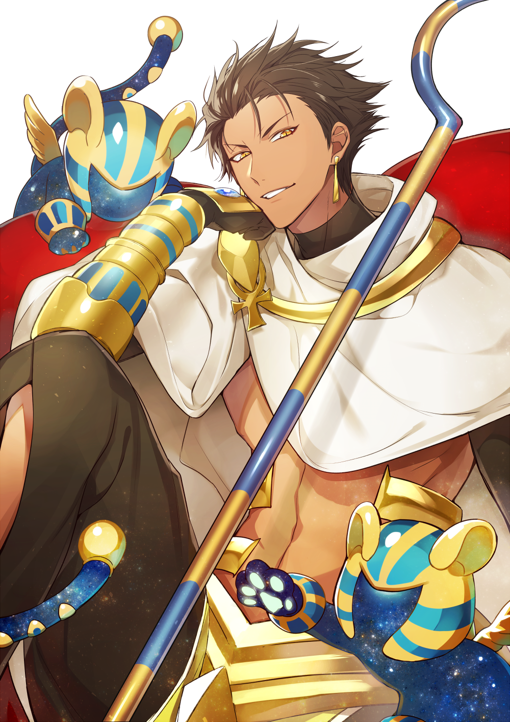 abs bracer brown_hair commentary_request dark_skin dark_skinned_male earrings egyptian egyptian_clothes fate/grand_order fate/prototype fate/prototype:_fragments_of_blue_and_silver fate_(series) grin hand_on_own_cheek highres jewelry looking_at_viewer male_focus navel nitaka_(fujikichi) ozymandias_(fate) parted_lips smile solo sphinx_awlad yellow_eyes