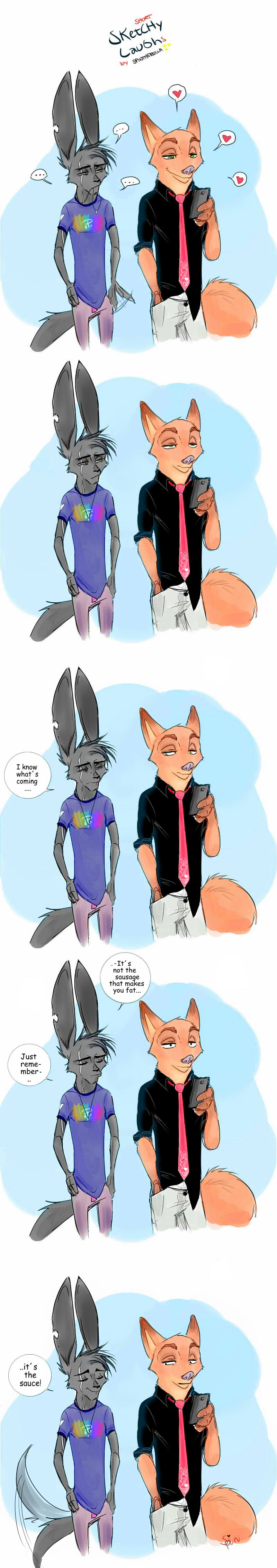 &lt;3 2017 anthro canine cellphone clothed clothing comic dialogue disney duo english_text fan_character fox hand_in_pocket hands_on_hips holding_object holding_phone innuendo jewelry lagomorph male mammal max_midnight necklace necktie nick_wilde notched_ear phone rabbit signature spintherella standing text zootopia