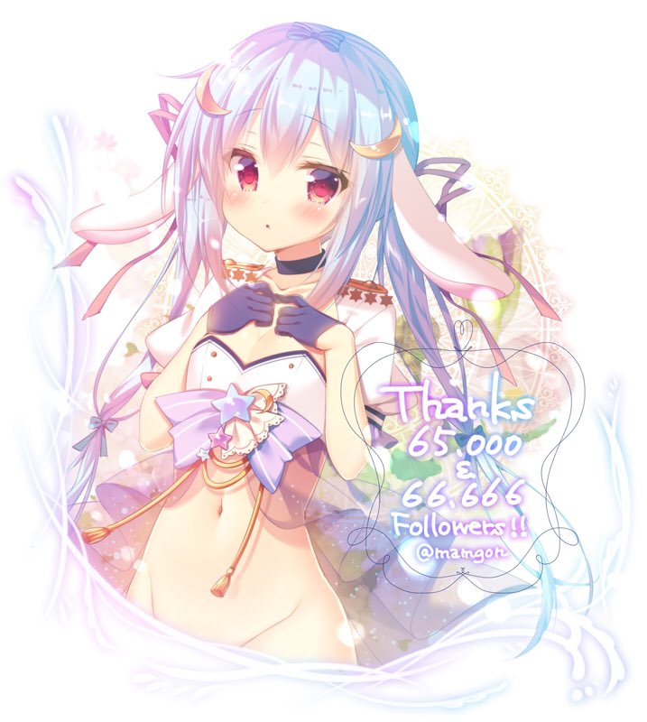 animal_ears blue_hair blush bunny_ears character_request copyright_request crescent crescent_hair_ornament eyebrows_visible_through_hair hair_ornament long_hair looking_at_viewer mitsumomo_mamu navel parted_lips solo twitter_username