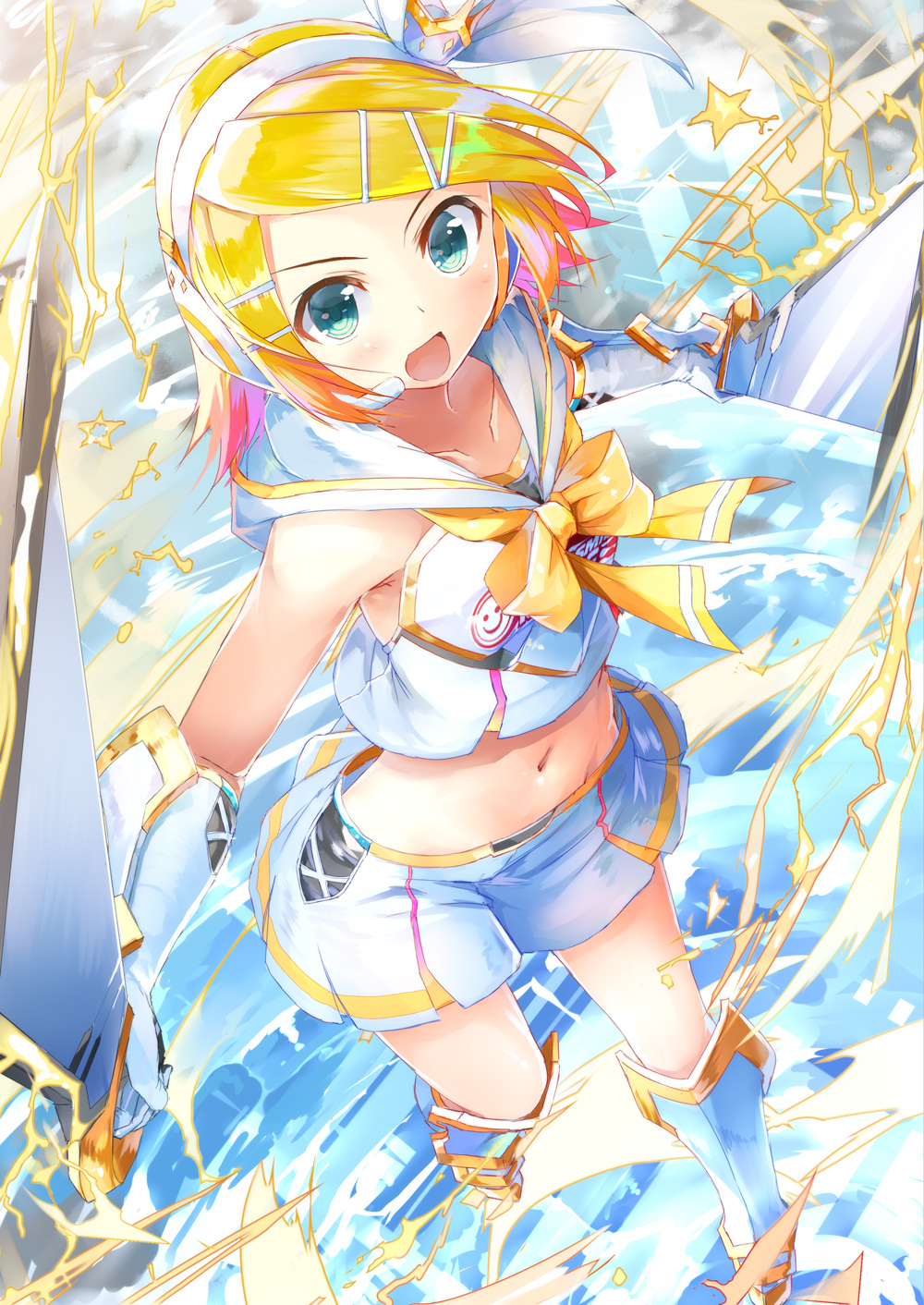 :d blonde_hair blue_eyes blush boots bow bowtie collarbone crop_top crown daidou_(demitasse) flat_chest from_above gloves goodsmile_racing hair_ornament hairclip headset highres holding holding_sword holding_weapon kagamine_rin knee_boots midriff mini_crown miniskirt navel open_mouth sailor_collar short_hair skirt sleeveless smile solo star sword v-shaped_eyebrows vocaloid weapon white_gloves white_skirt yellow_bow yellow_neckwear
