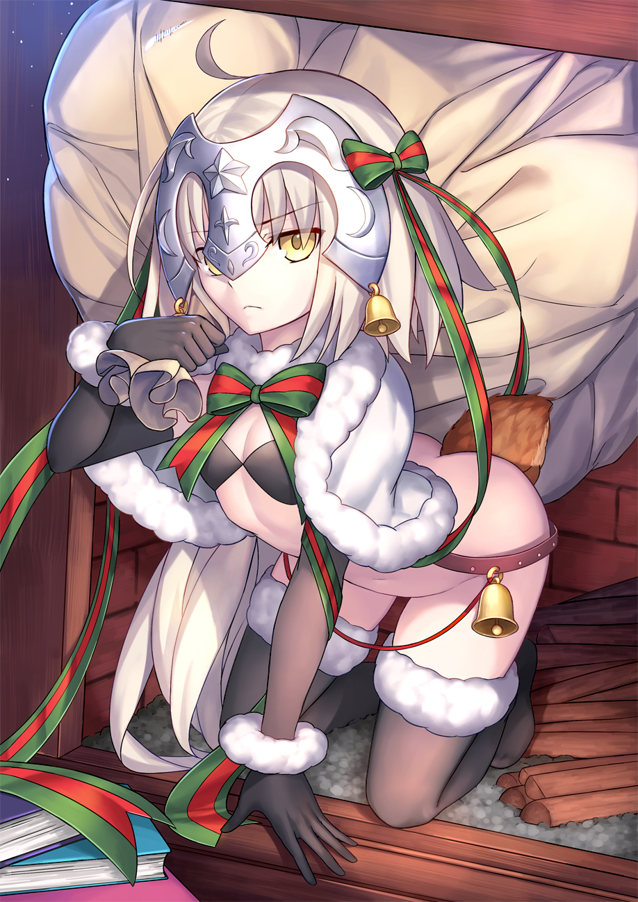 ass bell bikini black_bikini black_gloves black_legwear blonde_hair book bottomless breasts christmas cleavage closed_mouth commentary_request eyebrows_visible_through_hair eyes_visible_through_hair fate/grand_order fate_(series) gloves helmet highres indoors jeanne_d'arc_(fate)_(all) jeanne_d'arc_alter_santa_lily kneeling long_hair looking_at_viewer navel reindeer_tail revision ribbon sack small_breasts solo swimsuit tail thighhighs tsuki_suigetsu yellow_eyes