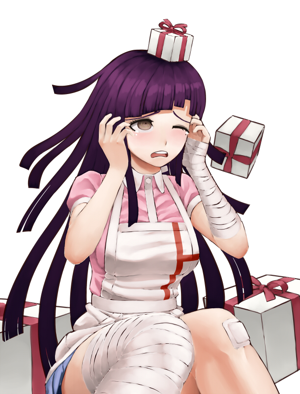 apron bandaged_arm bandaged_leg bandages bandaid bandaid_on_knee bangs blunt_bangs blush box breasts brown_eyes commentary_request danganronpa frown gift gift_box gonoike_biwa long_hair medium_breasts mole mole_under_eye official_style one_eye_closed open_mouth pink_shirt puffy_short_sleeves puffy_sleeves purple_hair shirt short_sleeves sitting solo super_danganronpa_2 tearing_up tsumiki_mikan white_apron