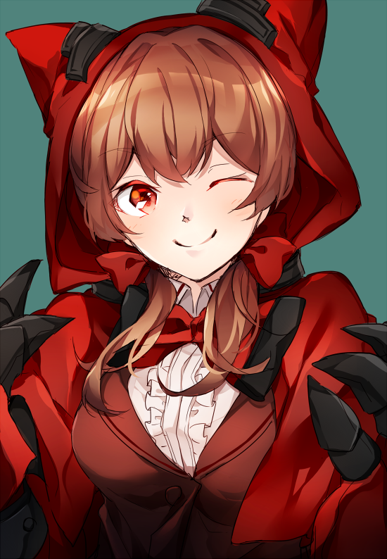 ;) animal_hood bangs breasts brown_hair c: cloak closed_mouth commentary_request eyebrows_visible_through_hair green_background hizuki_miya hood hood_up hooded_cloak little_red_riding_hood little_red_riding_hood_(grimm) looking_at_viewer low_twintails medium_breasts one_eye_closed original red_eyes simple_background smile solo twintails upper_body vest