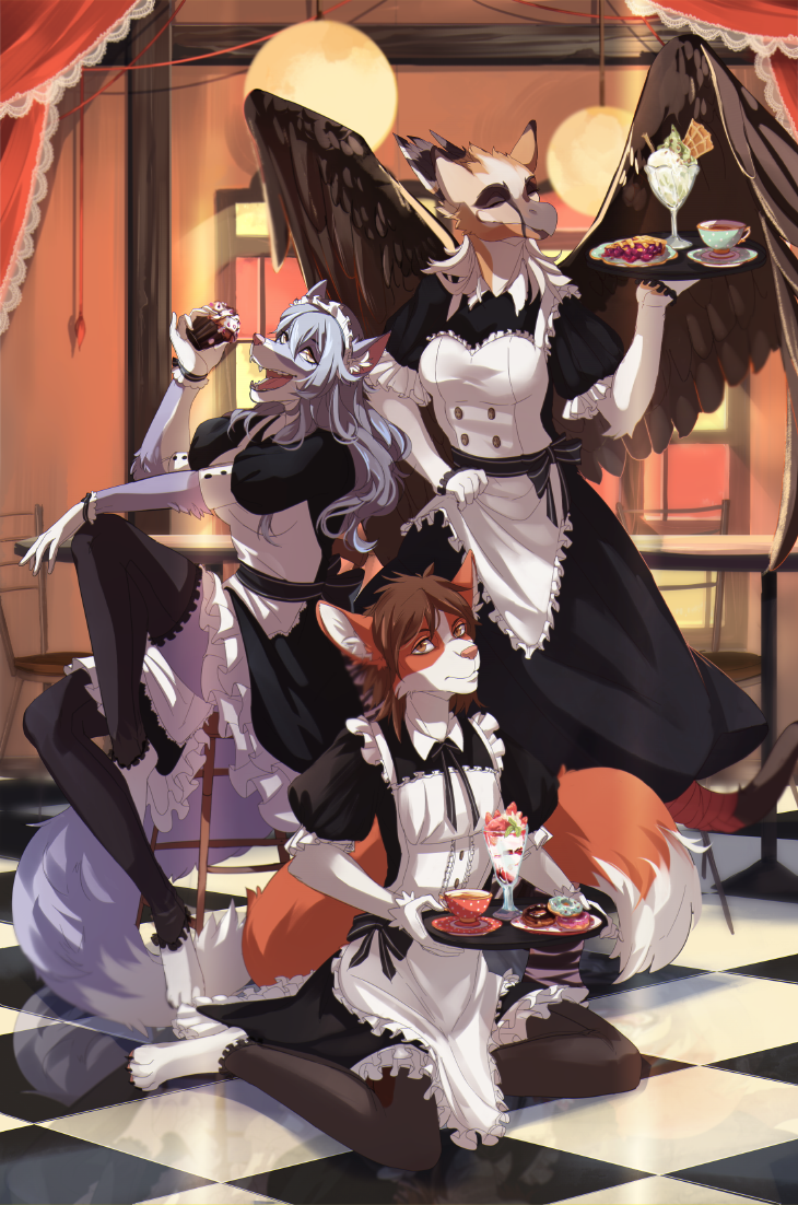 anthro avian bird canine clothed clothing dessert female fjorge food group ice_cream looking_at_viewer maid_uniform male mammal open_mouth smile uniform