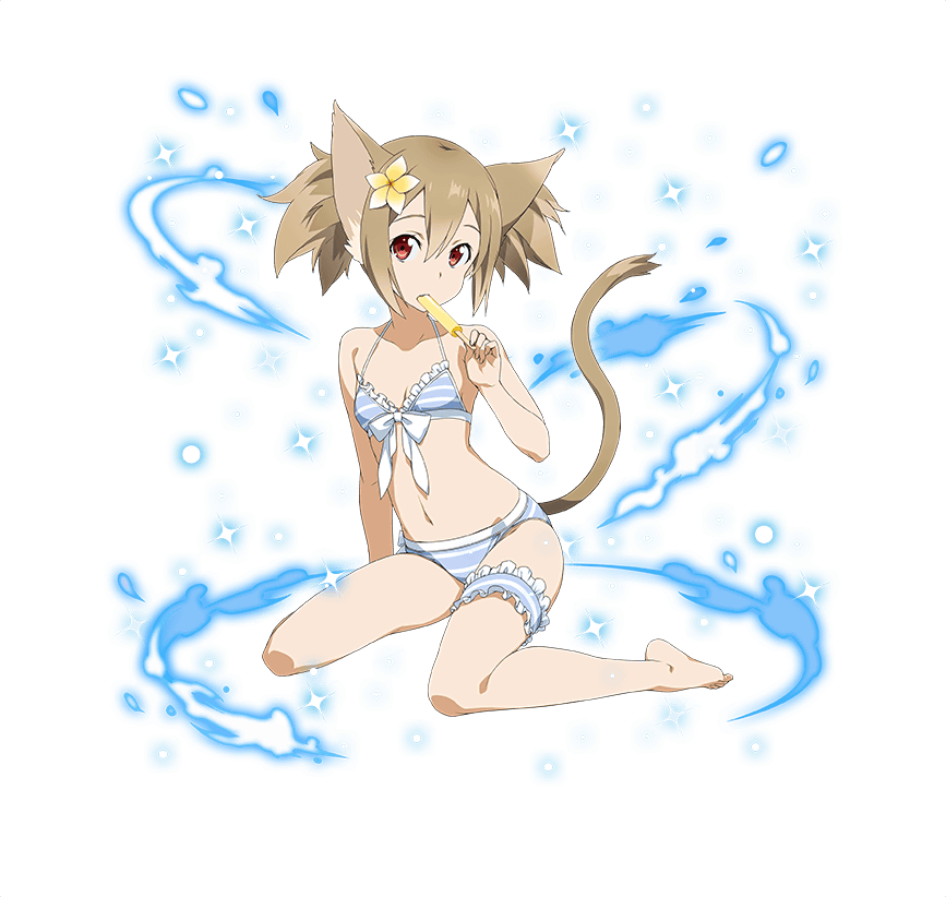 animal_ears arm_support barefoot bikini breasts brown_hair cat_ears cat_tail cleavage collarbone eating flower food full_body grey_bikini hair_flower hair_ornament ice_cream long_hair looking_at_viewer navel official_art red_eyes ribbon silica silica_(sao-alo) sitting small_breasts solo sparkle striped striped_bikini swimsuit sword_art_online sword_art_online:_code_register tail thigh_strap transparent_background twintails wariza white_ribbon yellow_flower