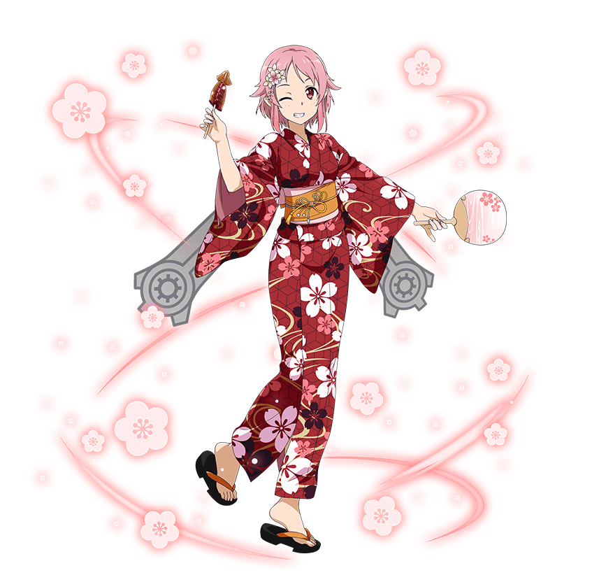 ;d fan flower food full_body grey_wings grin hair_flower hair_ornament holding holding_fan holding_food japanese_clothes kimono leg_up lisbeth lisbeth_(sao-alo) looking_at_viewer obi official_art one_eye_closed open_mouth pink_flower pink_hair pointy_ears red_eyes red_kimono sash short_hair smile solo standing sword_art_online sword_art_online:_code_register transparent_background wings yukata