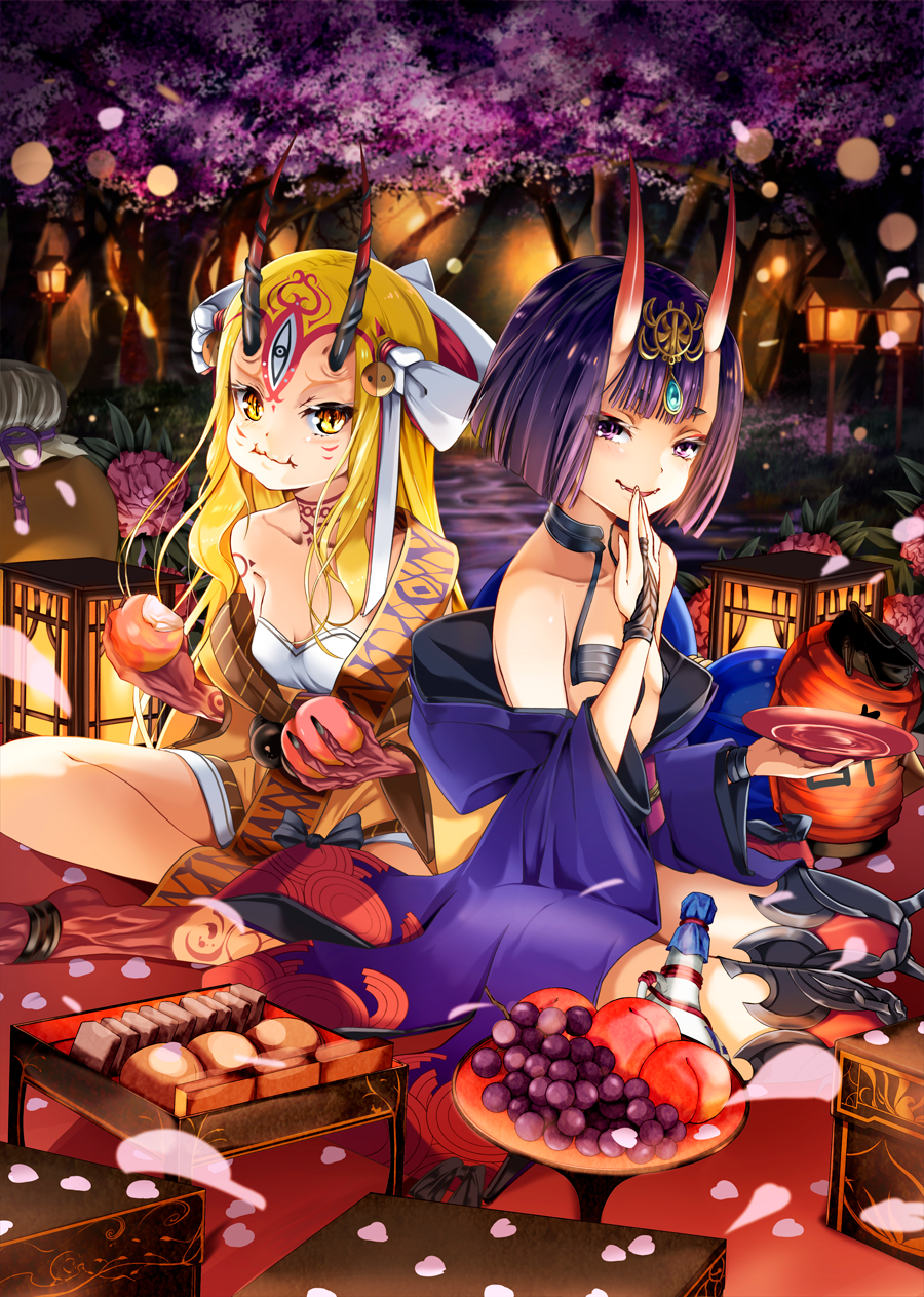 bare_shoulders beads blonde_hair bob_cut bottle box cherry_blossoms claws collarbone commentary_request covering_mouth cup eating facial_mark fangs fate/grand_order fate_(series) fingerless_gloves flower food forest fruit gem gloves grapes hair_ornament highres holding holding_food holding_fruit hopper horns ibaraki_douji_(fate/grand_order) indian_style japanese_clothes kimono lantern lens_flare long_hair looking_at_viewer multiple_girls nature night obentou off_shoulder oni oni_horns outdoors paper_lantern parted_lips peach petals plate purple_eyes purple_hair sakazuki short_hair shuten_douji_(fate/grand_order) sitting slit_pupils smirk thighhighs tiger_stripes tree yellow_eyes yellow_kimono yokozuwari