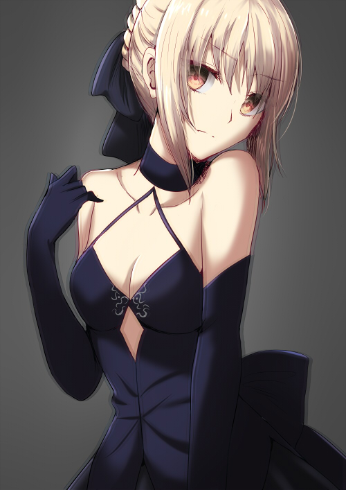 artoria_pendragon_(all) bare_shoulders blonde_hair braid breasts choker cleavage dress elbow_gloves fate/stay_night fate_(series) french_braid gloves gothic_lolita grey_background lolita_fashion looking_at_viewer orange_eyes ribbon_choker saber_alter small_breasts solo tsumiki_mokuba