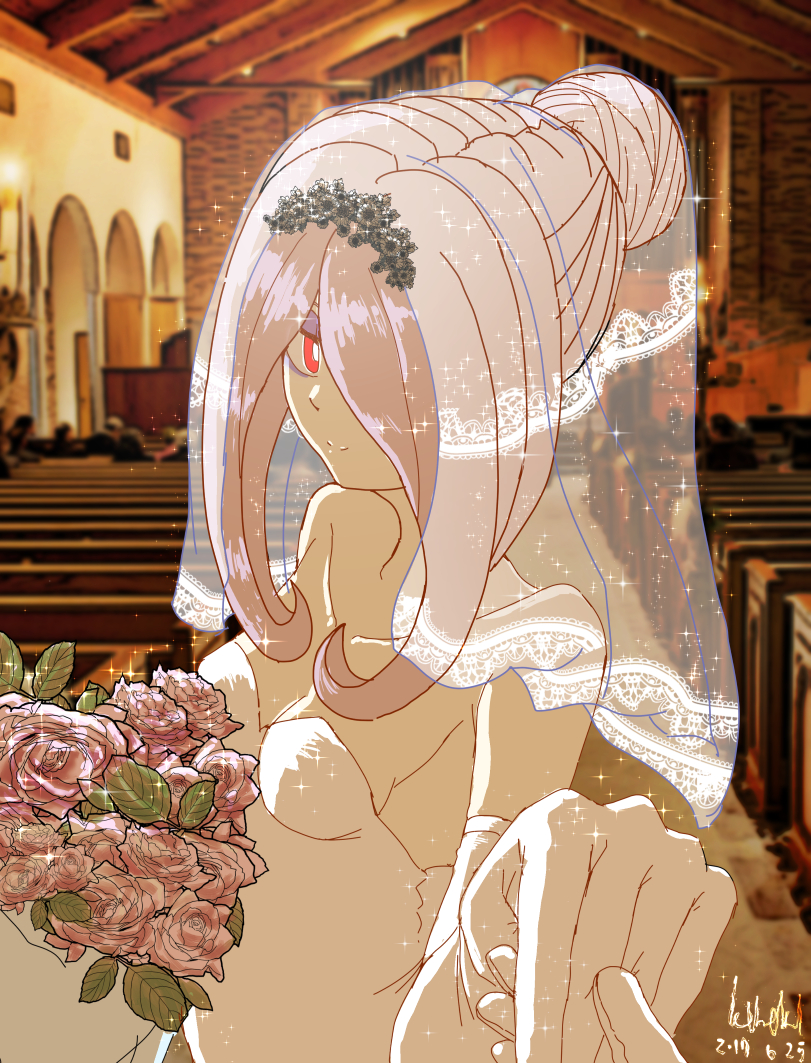 bouquet breasts bridal_veil church collarbone dress elbow_gloves flower gloves hair_bun hair_over_one_eye holding_hands ice_keki indoors little_witch_academia looking_at_viewer medium_breasts out_of_frame pale_skin pink_hair pov pov_hands red_eyes strapless strapless_dress sucy_manbavaran veil wedding wedding_dress
