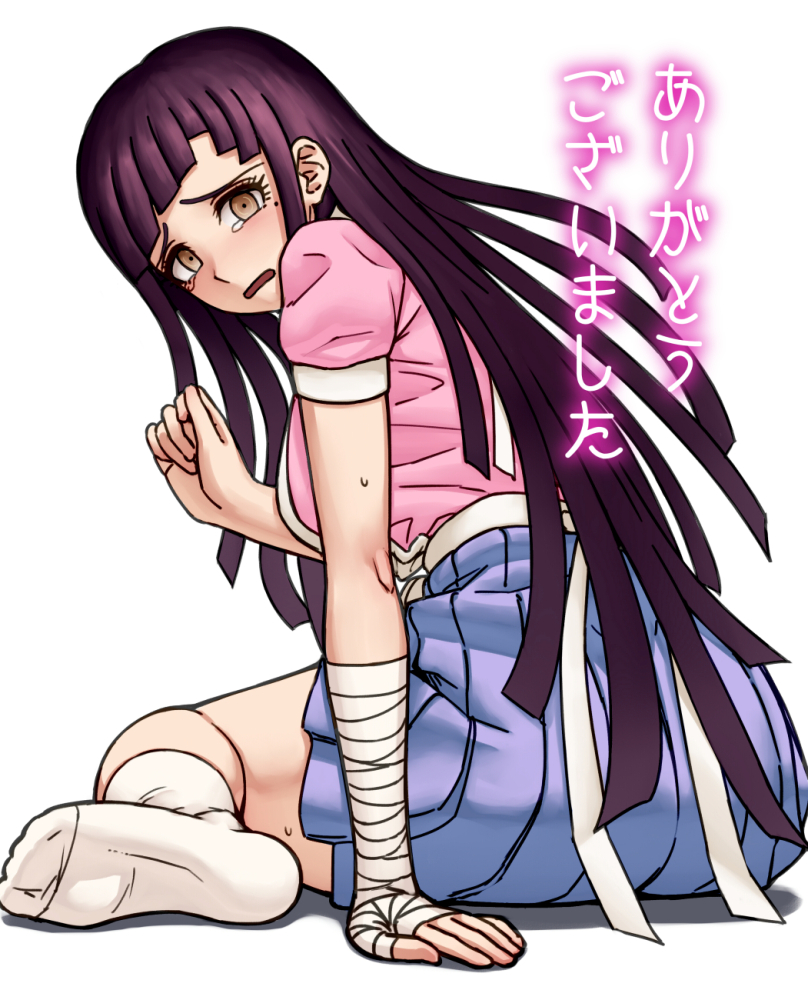 apron arm_support bandaged_arm bandages bangs blue_skirt blunt_bangs blush breasts brown_eyes commentary_request danganronpa feet from_behind full_body gonoike_biwa long_hair looking_at_viewer looking_back medium_breasts mole mole_under_eye no_shoes official_style parted_lips pink_shirt puffy_short_sleeves puffy_sleeves purple_hair shirt short_sleeves sidelocks sitting skirt socks soles solo super_danganronpa_2 tearing_up translated tsumiki_mikan white_apron white_legwear